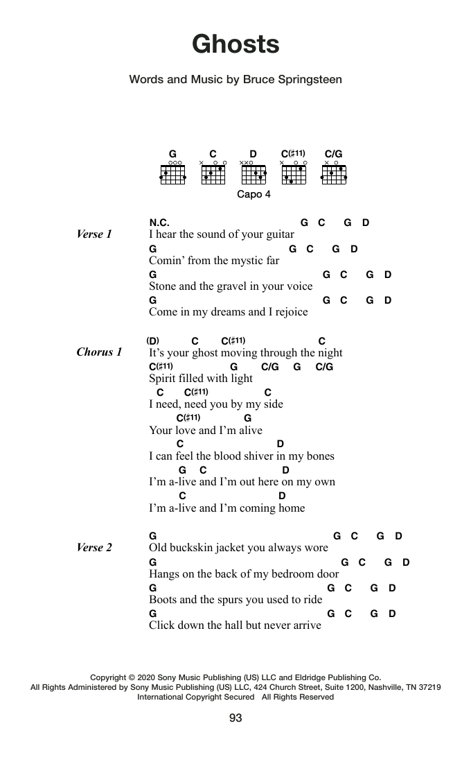 Bruce Springsteen Ghosts sheet music notes and chords arranged for Guitar Chords/Lyrics