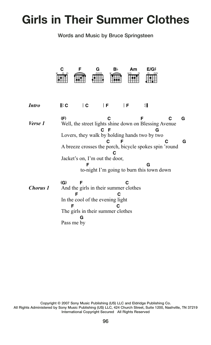 Bruce Springsteen Girls In Their Summer Clothes sheet music notes and chords arranged for Guitar Chords/Lyrics