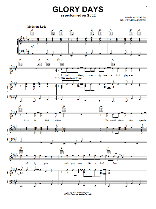 Bruce Springsteen Glory Days sheet music notes and chords arranged for Piano, Vocal & Guitar Chords (Right-Hand Melody)