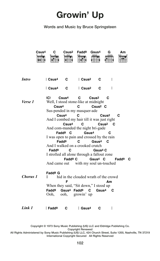 Bruce Springsteen Growin' Up sheet music notes and chords arranged for Guitar Chords/Lyrics