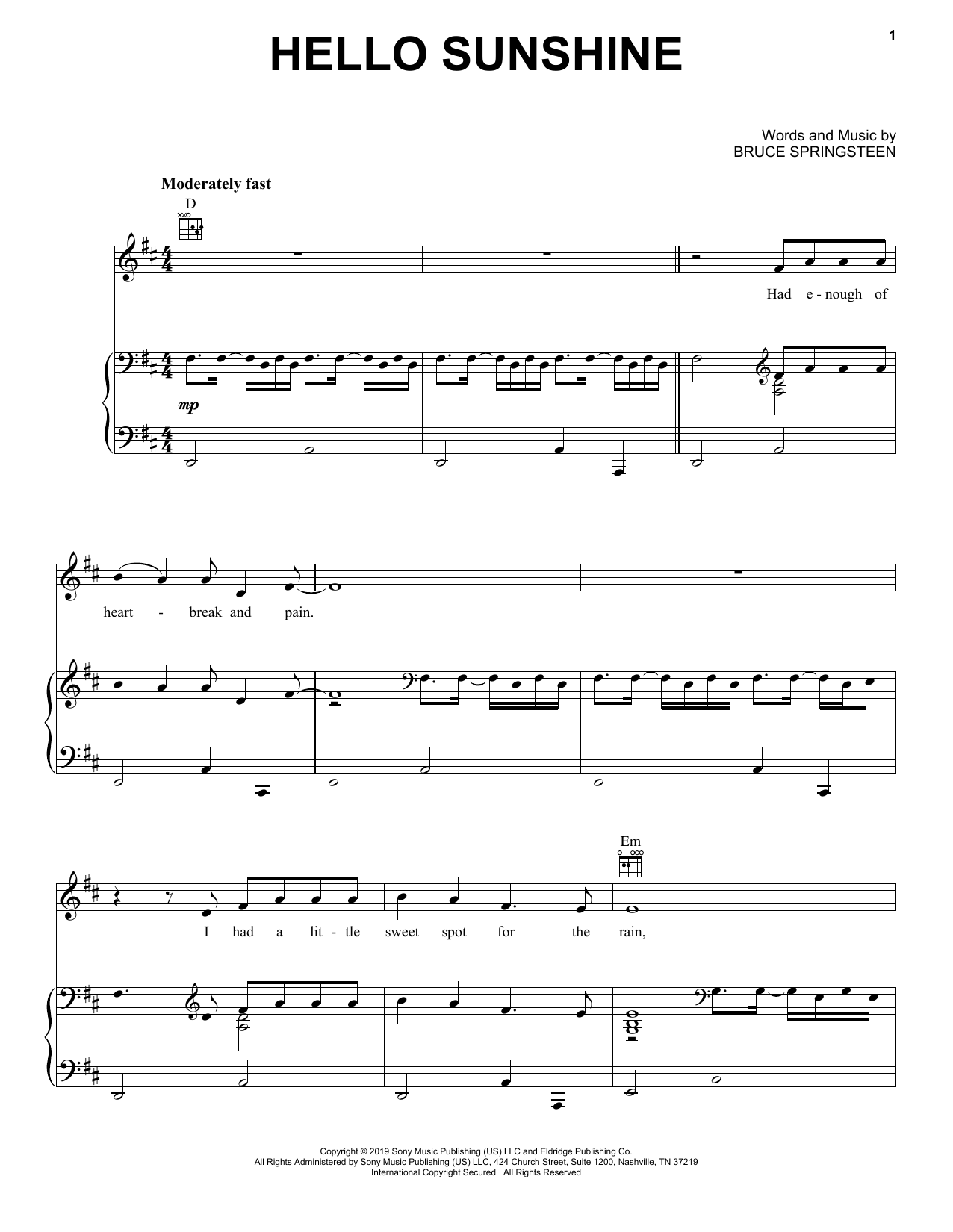 Bruce Springsteen Hello Sunshine sheet music notes and chords arranged for Guitar Chords/Lyrics