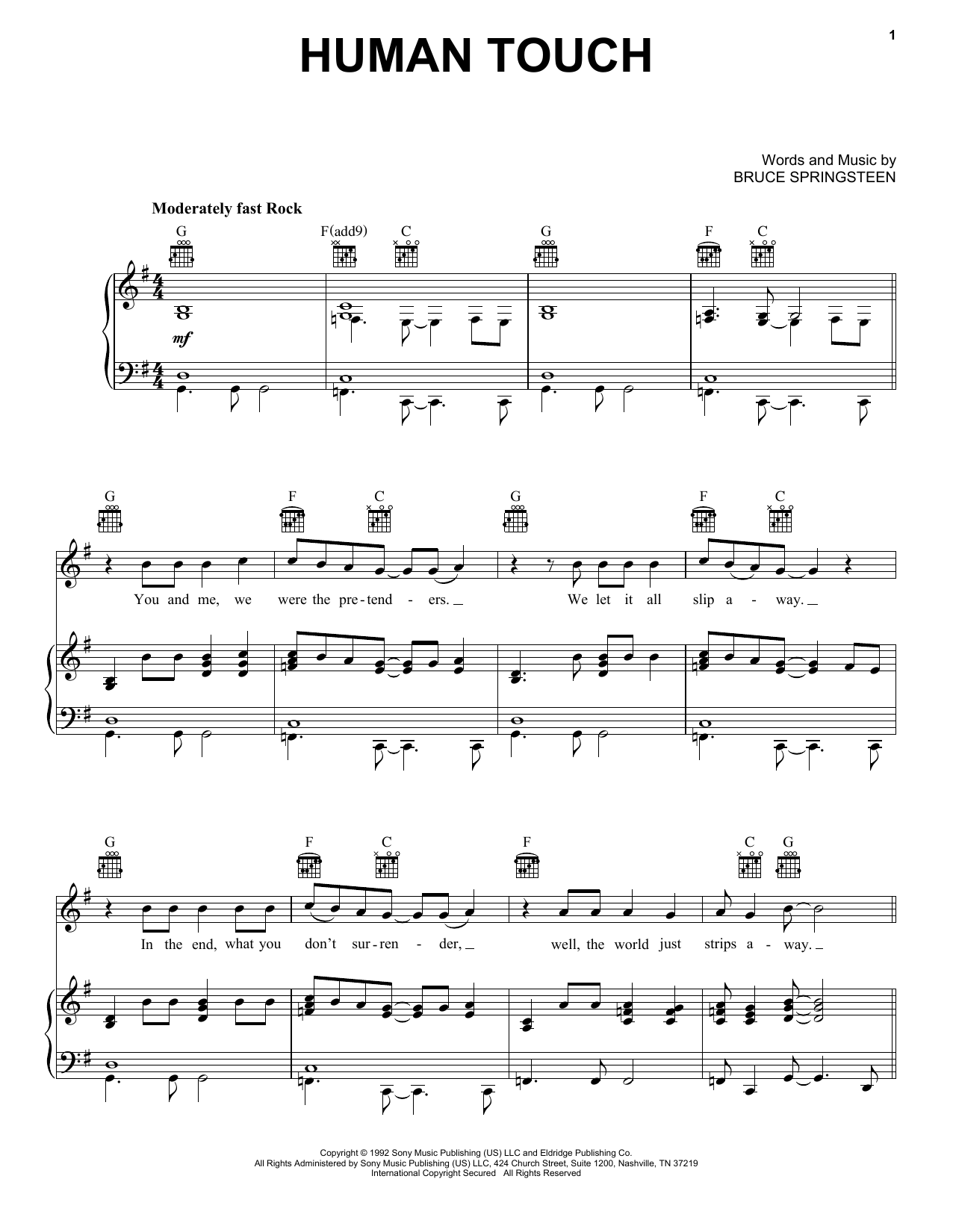 Bruce Springsteen Human Touch sheet music notes and chords arranged for Guitar Tab
