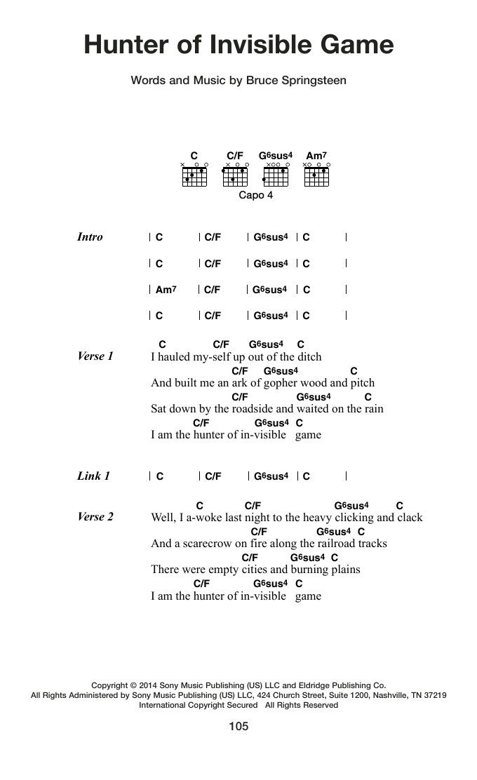 Bruce Springsteen Hunter Of Invisible Game sheet music notes and chords arranged for Guitar Chords/Lyrics