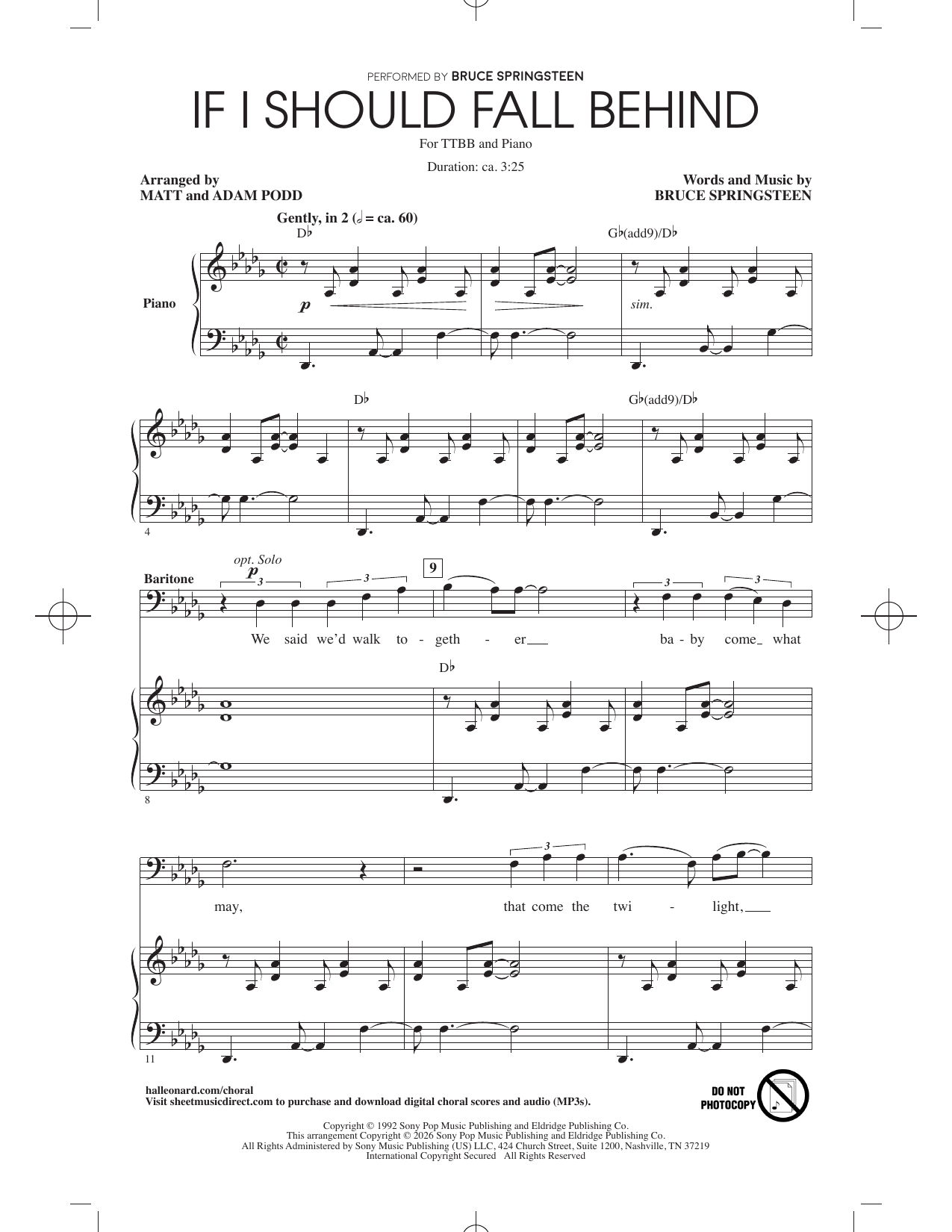 Bruce Springsteen If I Should Fall Behind (arr. Adam Podd & Matt Podd) sheet music notes and chords arranged for TTBB Choir