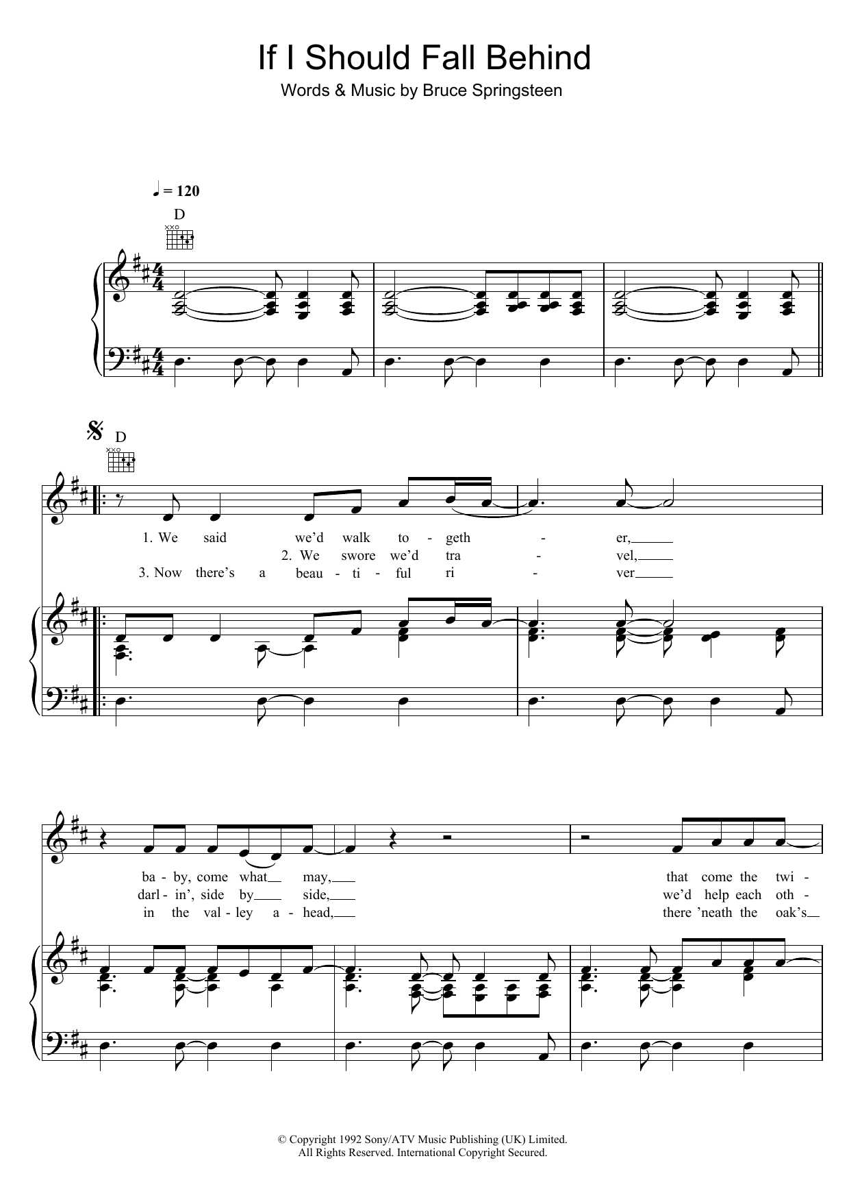 Bruce Springsteen If I Should Fall Behind sheet music notes and chords arranged for Piano, Vocal & Guitar Chords