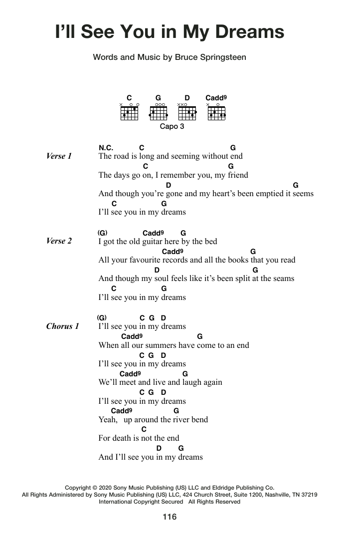 Bruce Springsteen I'll See You In My Dreams sheet music notes and chords arranged for Guitar Chords/Lyrics