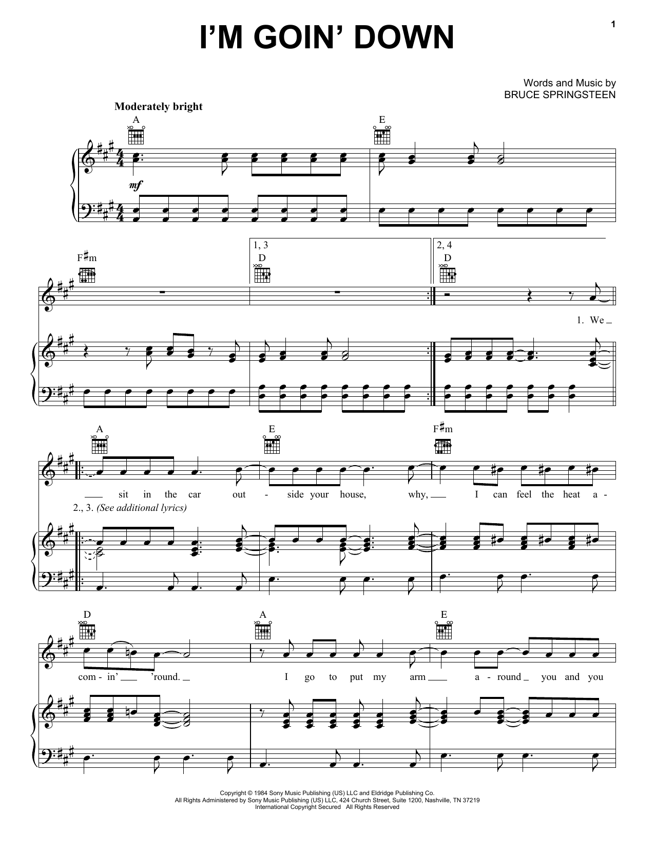 Bruce Springsteen I'm Goin' Down sheet music notes and chords arranged for Piano, Vocal & Guitar Chords (Right-Hand Melody)
