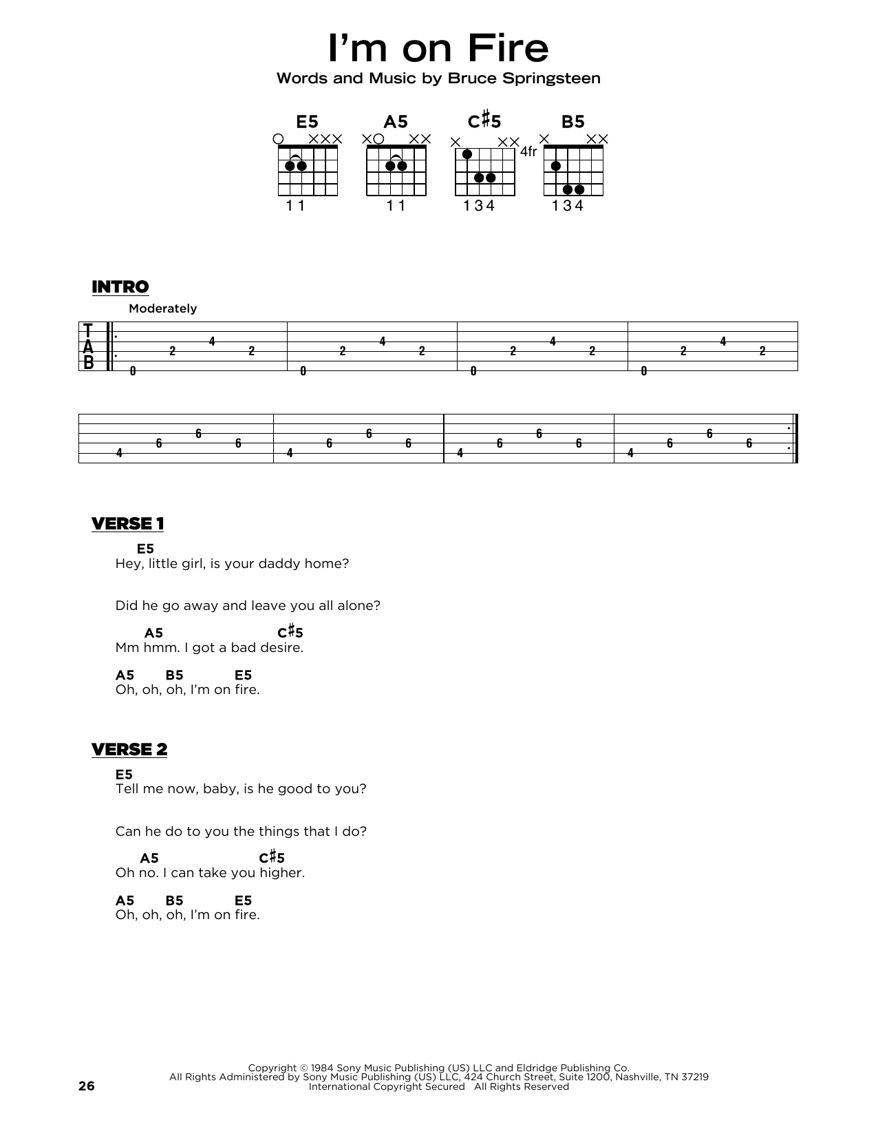 Bruce Springsteen I'm On Fire sheet music notes and chords arranged for Really Easy Guitar