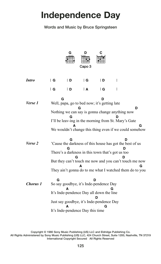 Bruce Springsteen Independence Day sheet music notes and chords arranged for Guitar Chords/Lyrics