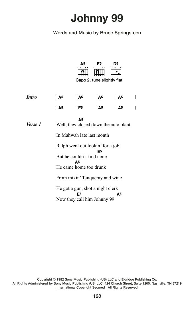 Bruce Springsteen Johnny 99 sheet music notes and chords arranged for Guitar Chords/Lyrics