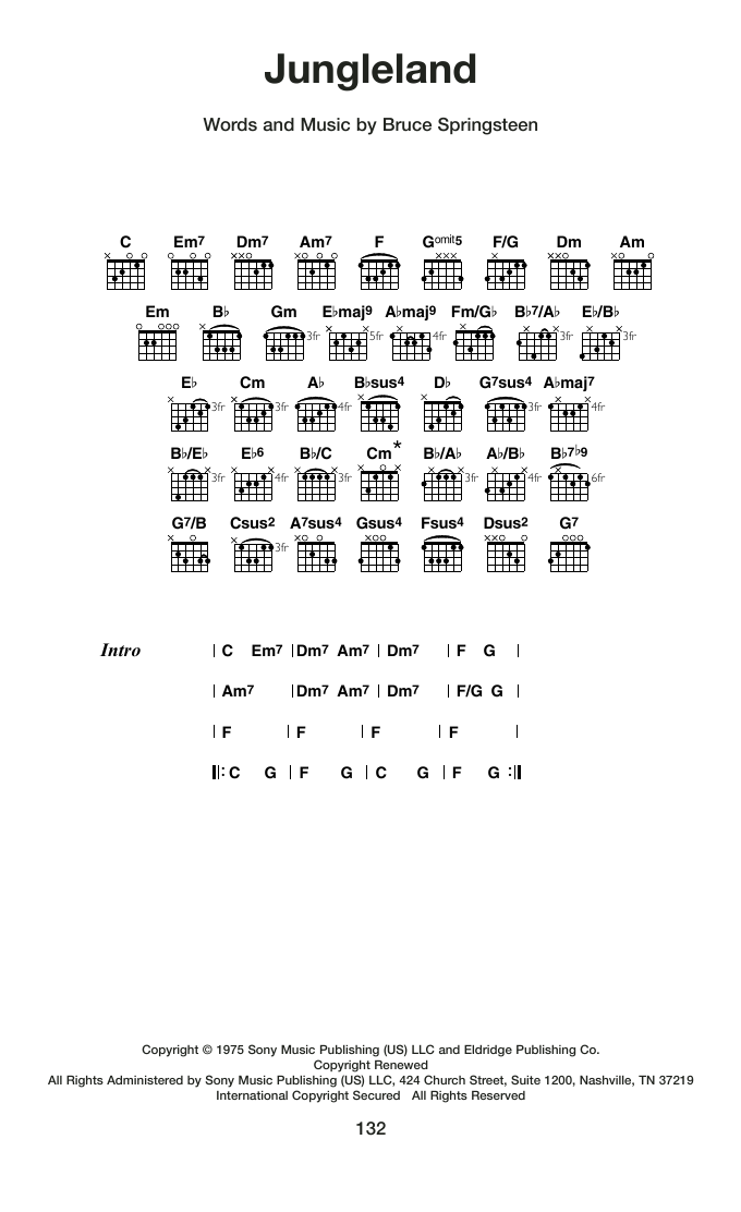 Bruce Springsteen Jungleland sheet music notes and chords arranged for Guitar Chords/Lyrics