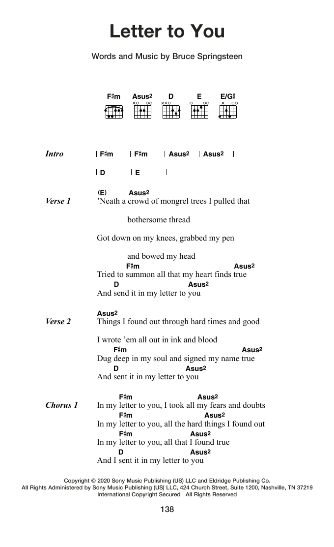 Bruce Springsteen Letter To You sheet music notes and chords arranged for Guitar Chords/Lyrics