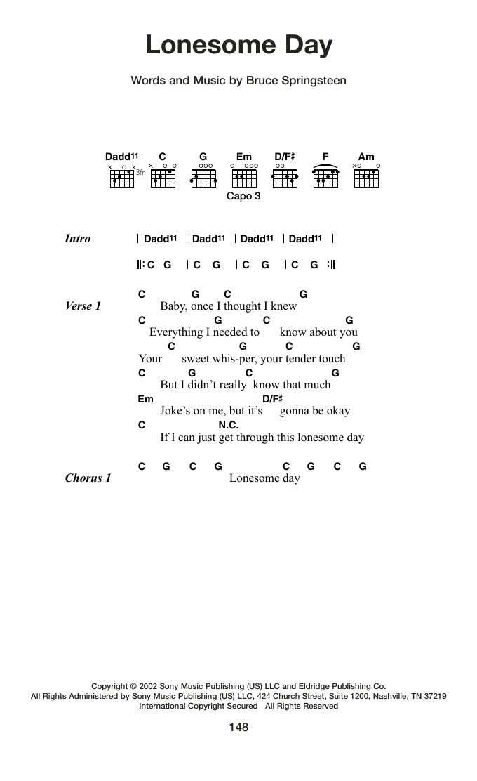 Bruce Springsteen Lonesome Day sheet music notes and chords arranged for Guitar Chords/Lyrics