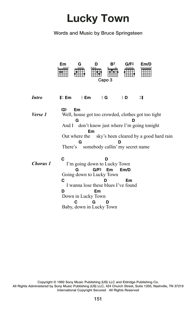 Bruce Springsteen Lucky Town sheet music notes and chords arranged for Guitar Chords/Lyrics