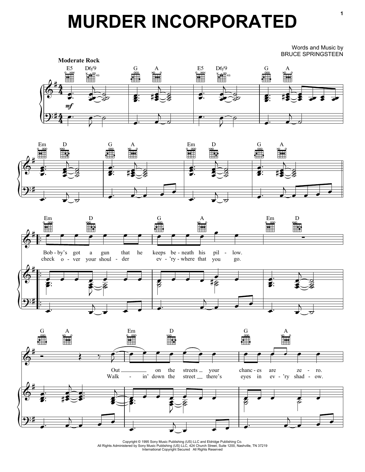 Bruce Springsteen Murder Incorporated sheet music notes and chords arranged for Guitar Chords/Lyrics