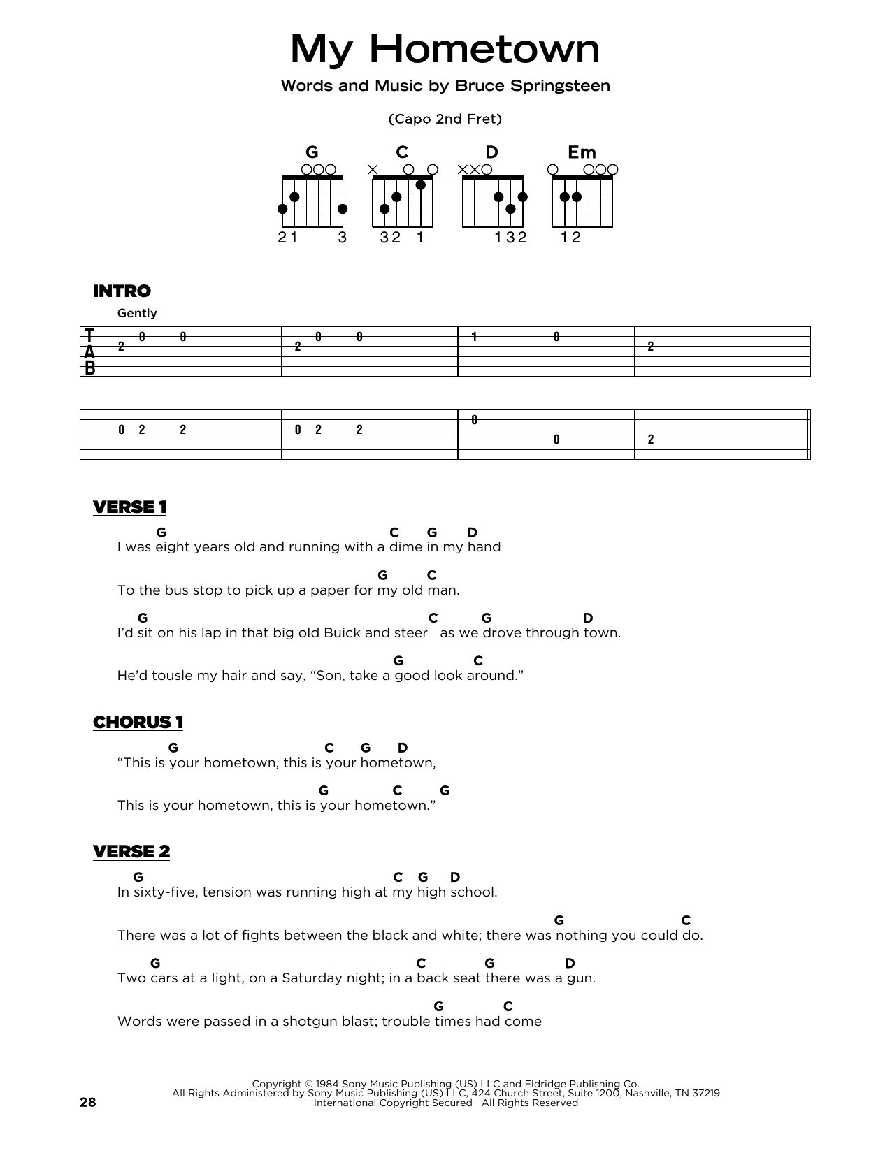 Bruce Springsteen My Hometown sheet music notes and chords arranged for Really Easy Piano