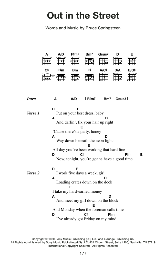 Bruce Springsteen Out In The Street sheet music notes and chords arranged for Guitar Chords/Lyrics