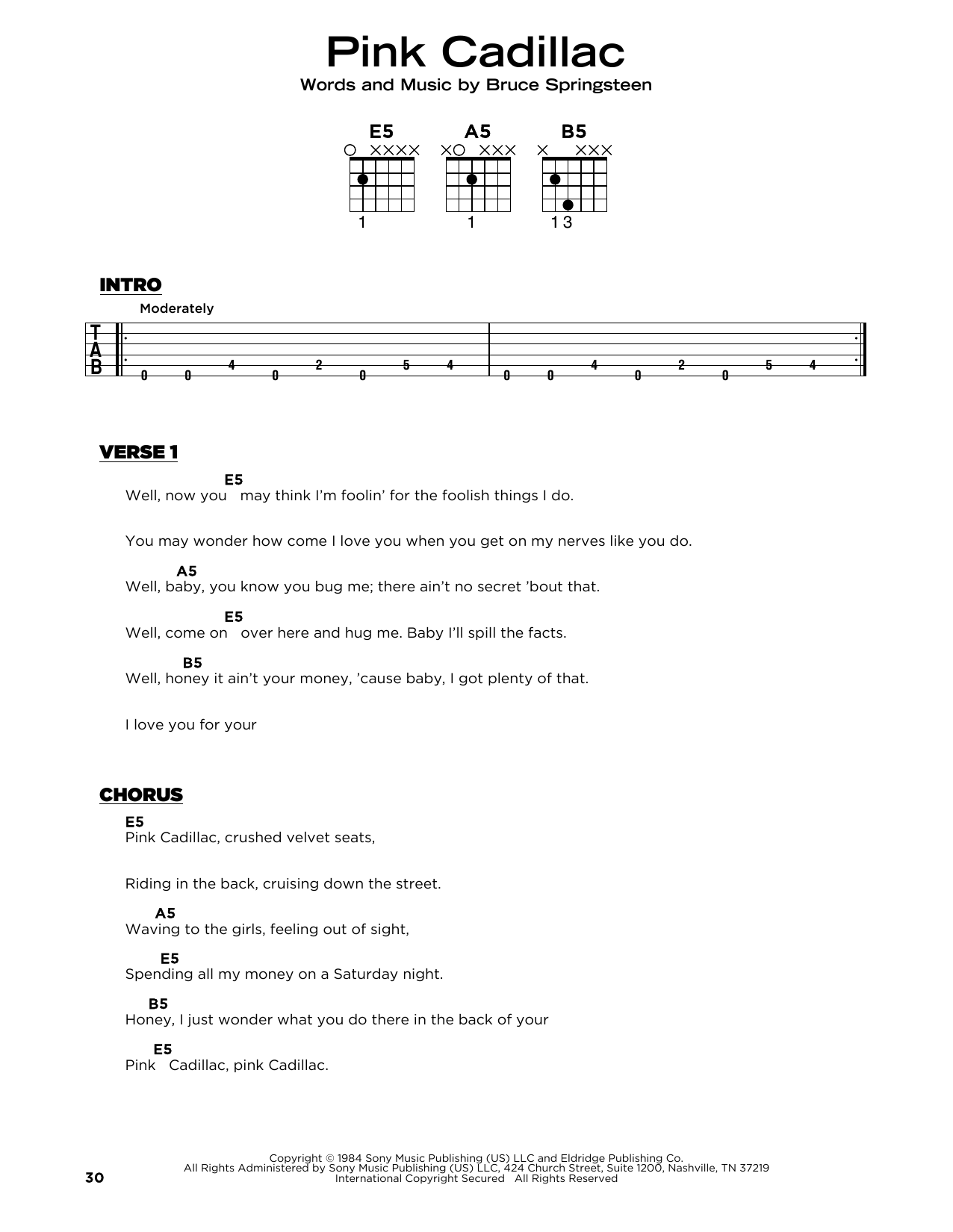 Bruce Springsteen Pink Cadillac sheet music notes and chords arranged for Guitar Chords/Lyrics