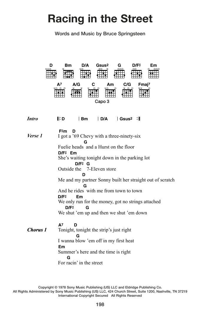 Bruce Springsteen Racing In The Street sheet music notes and chords arranged for Guitar Chords/Lyrics