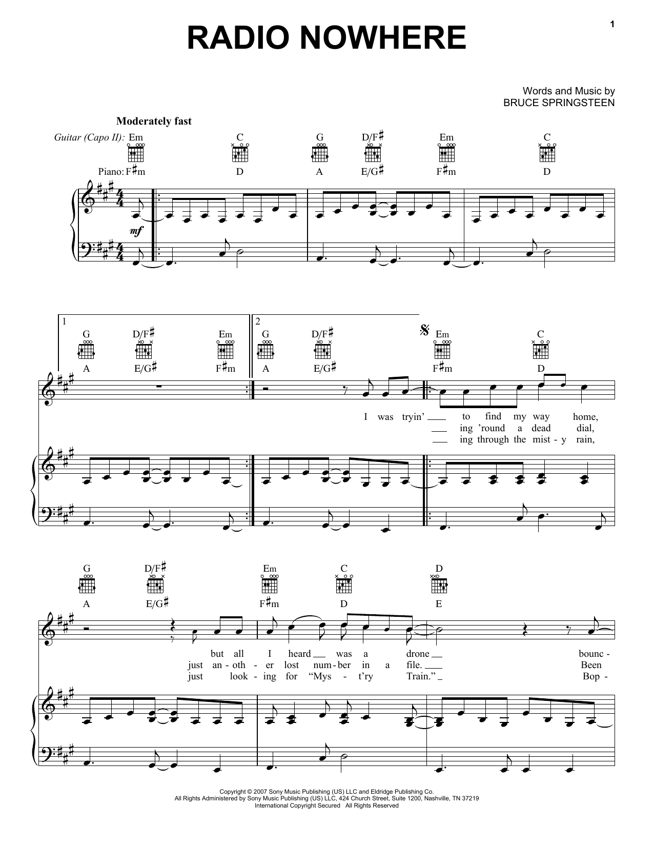 Bruce Springsteen Radio Nowhere sheet music notes and chords arranged for Guitar Chords/Lyrics