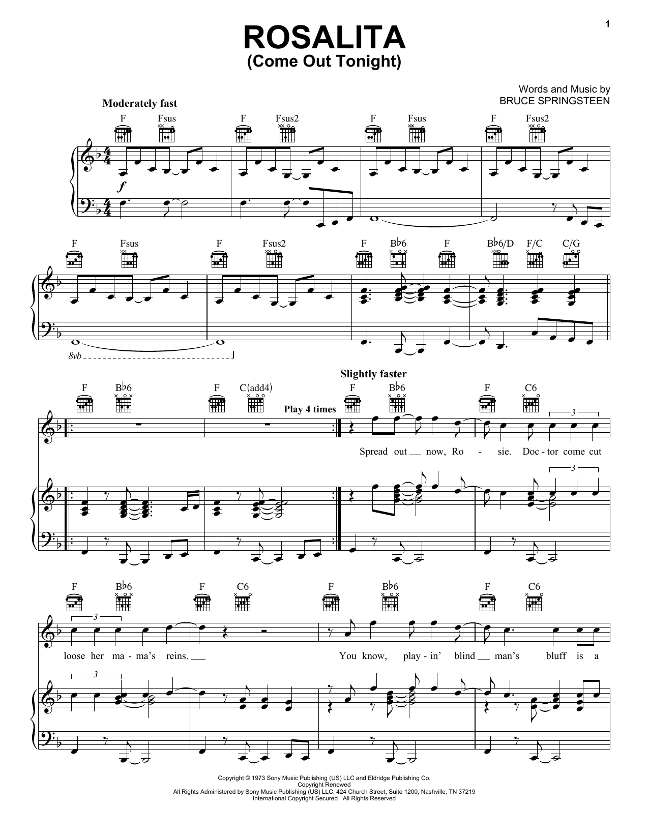 Bruce Springsteen Rosalita (Come Out Tonight) sheet music notes and chords arranged for Guitar Chords/Lyrics