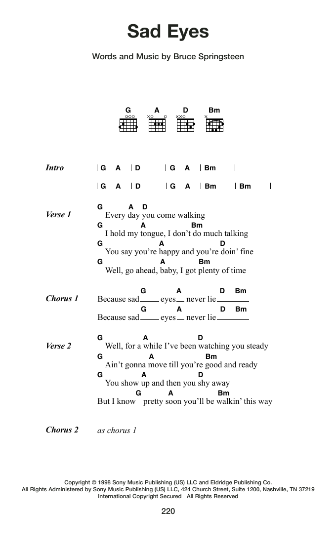 Bruce Springsteen Sad Eyes sheet music notes and chords arranged for Guitar Chords/Lyrics