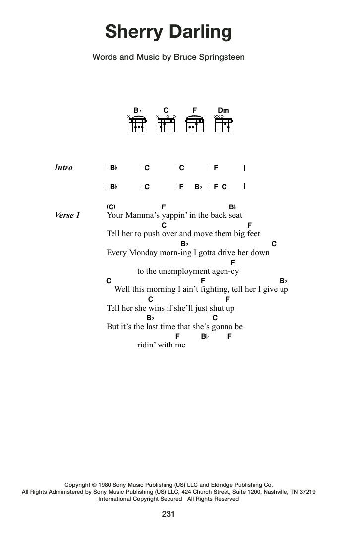 Bruce Springsteen Sherry Darling sheet music notes and chords arranged for Guitar Chords/Lyrics