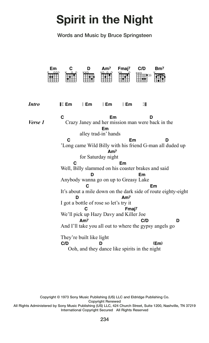 Bruce Springsteen Spirit In The Night sheet music notes and chords arranged for Guitar Chords/Lyrics