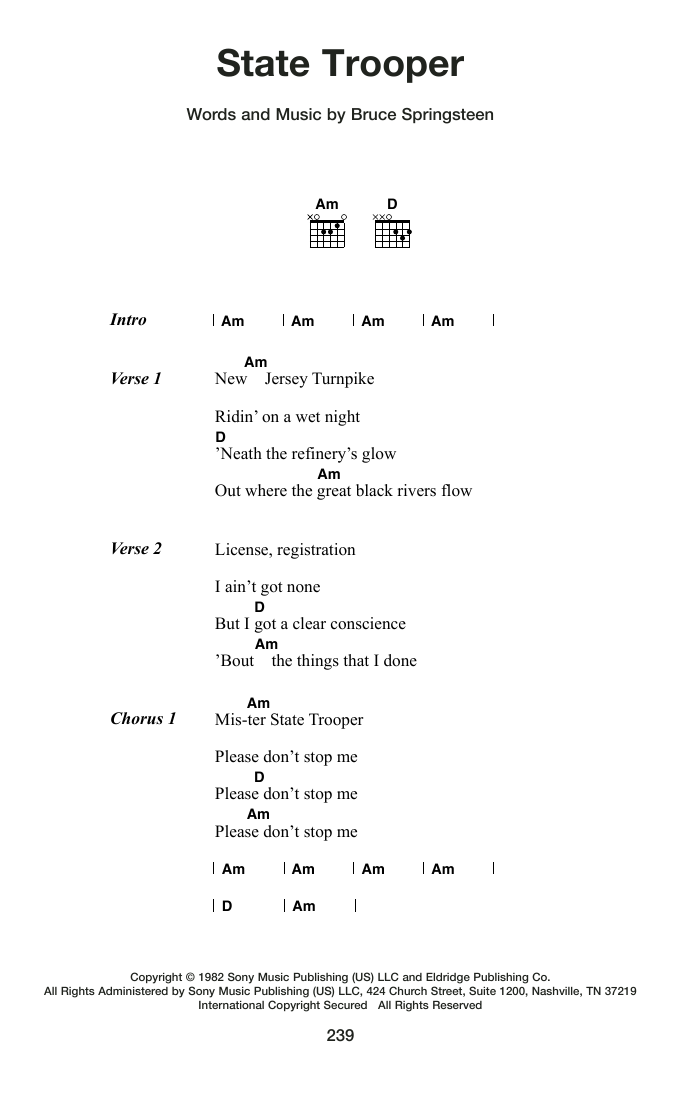 Bruce Springsteen State Trooper sheet music notes and chords arranged for Guitar Chords/Lyrics