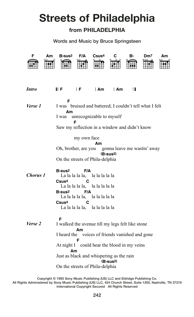 Bruce Springsteen Streets Of Philadelphia sheet music notes and chords arranged for Really Easy Piano