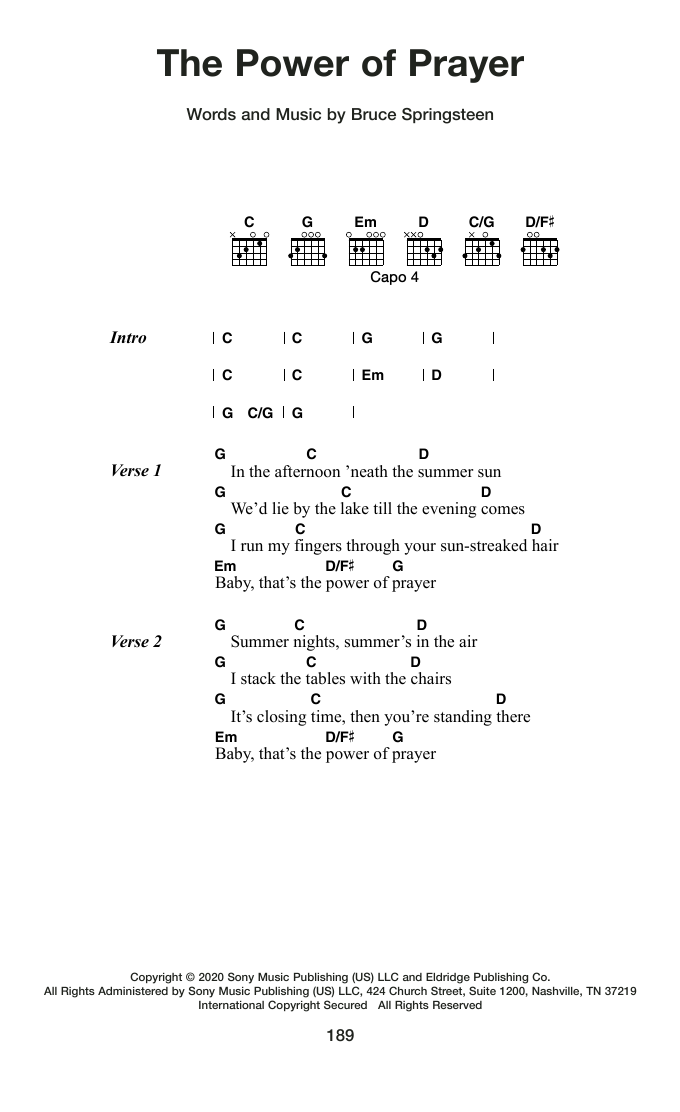 Bruce Springsteen The Power Of Prayer sheet music notes and chords arranged for Guitar Chords/Lyrics