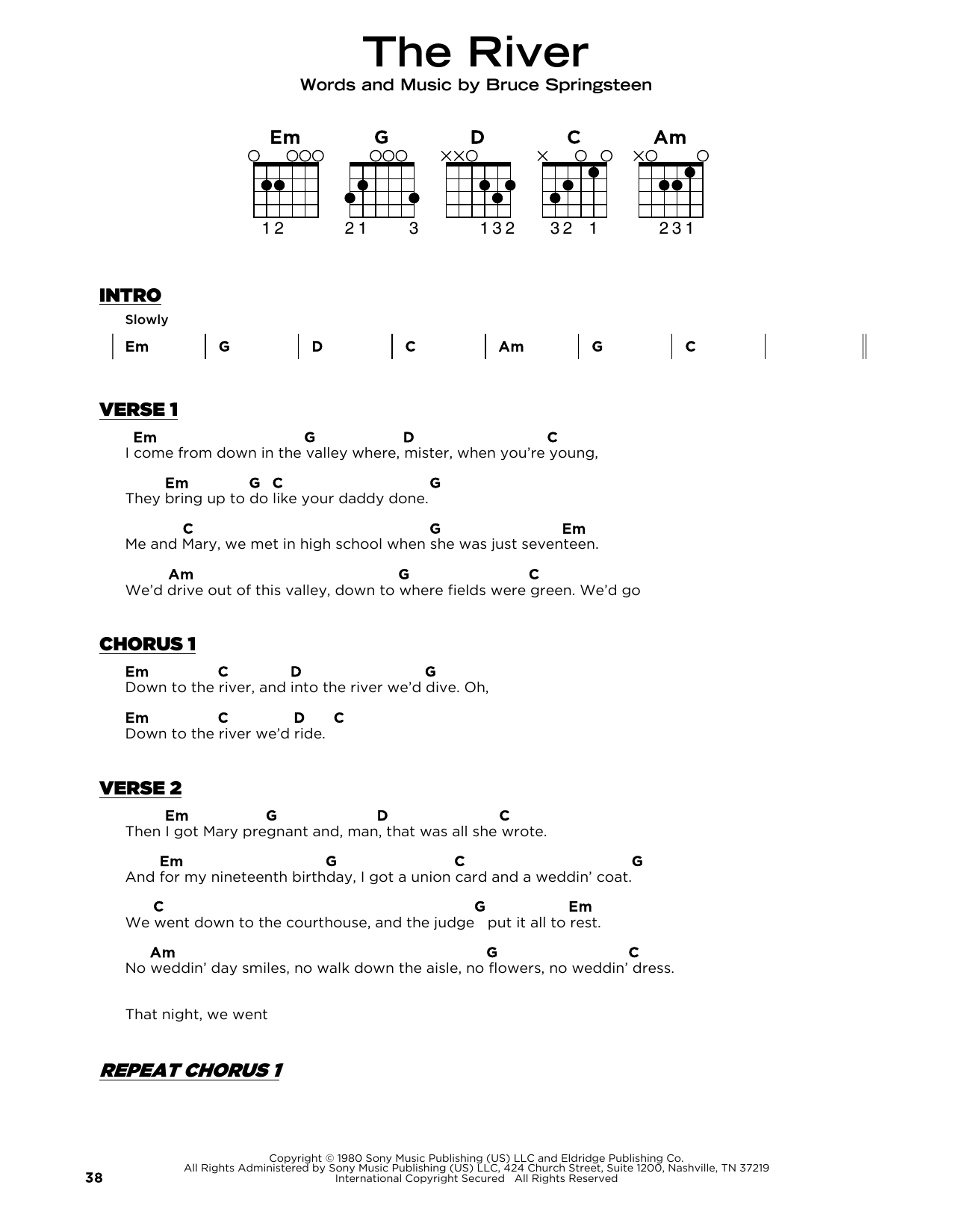 Bruce Springsteen The River sheet music notes and chords arranged for Guitar Chords/Lyrics
