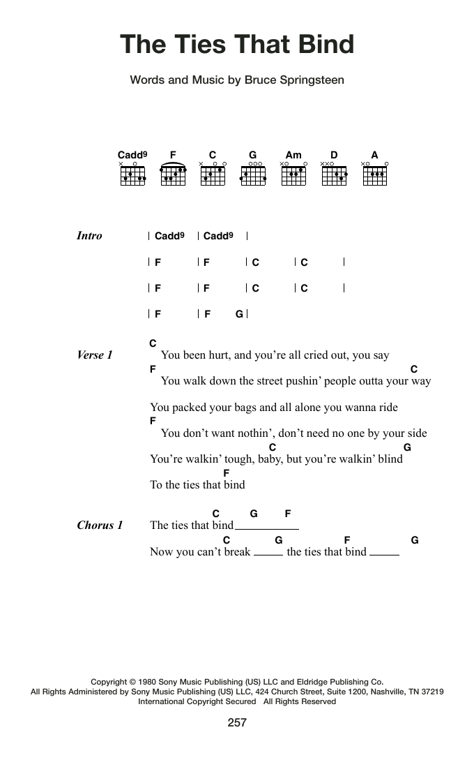 Bruce Springsteen The Ties That Bind sheet music notes and chords arranged for Guitar Chords/Lyrics