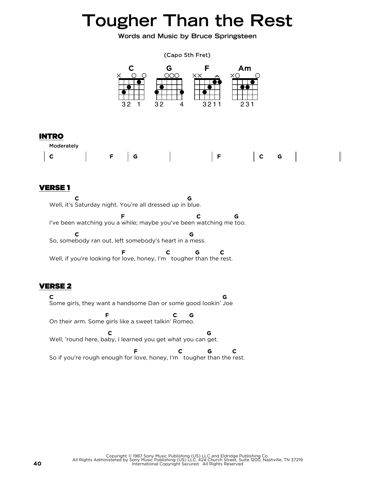 Bruce Springsteen Tougher Than The Rest sheet music notes and chords arranged for Really Easy Piano