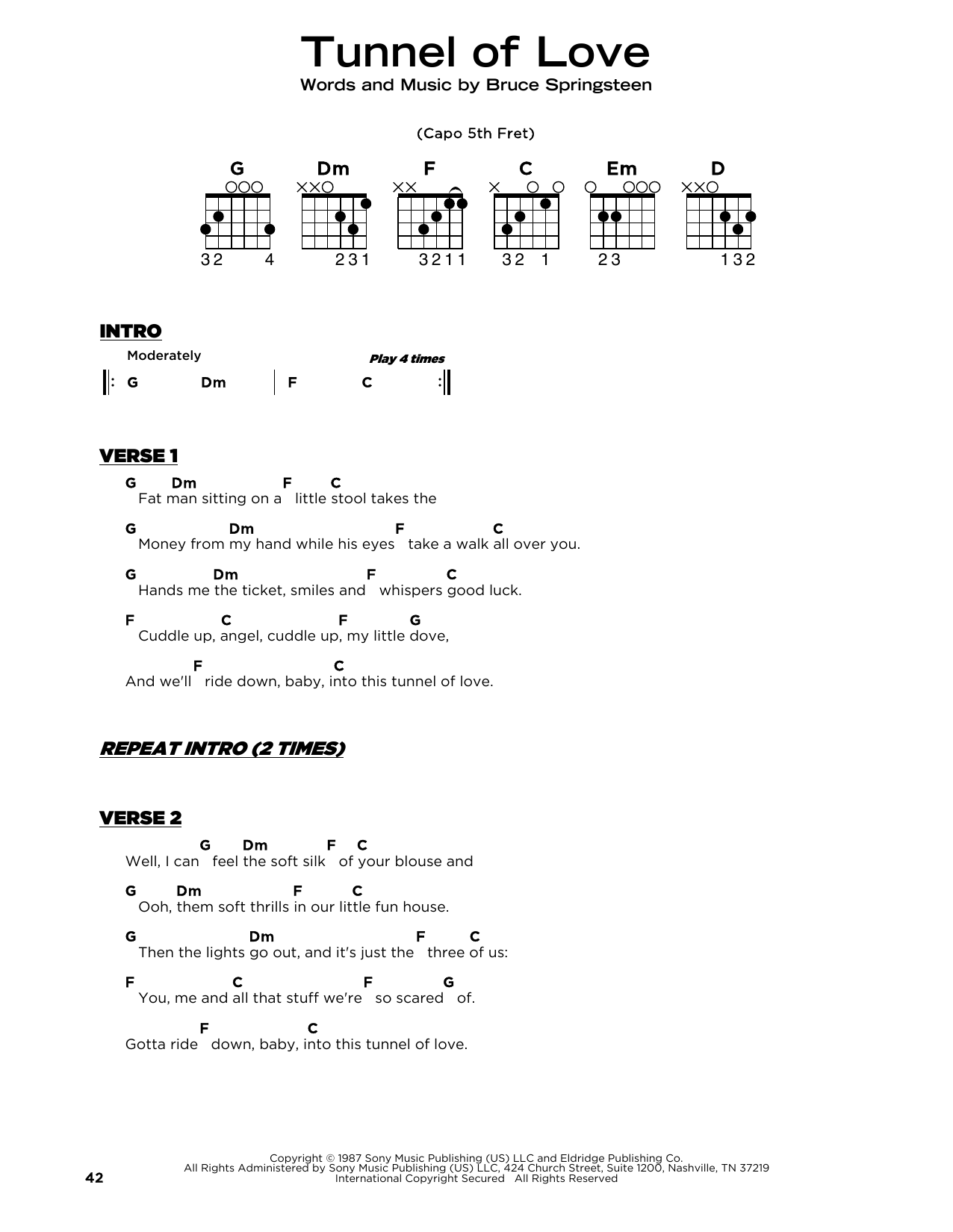 Bruce Springsteen Tunnel Of Love sheet music notes and chords arranged for Really Easy Guitar