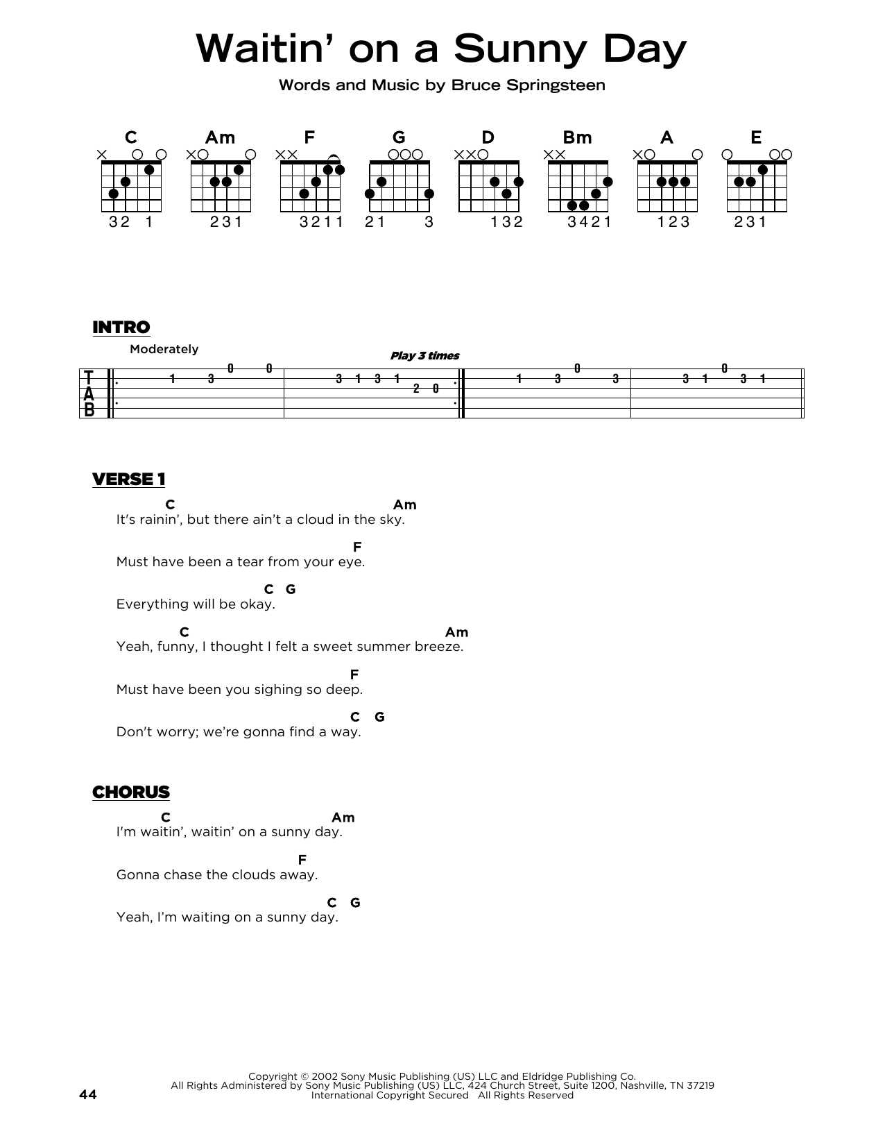 Bruce Springsteen Waitin' On A Sunny Day sheet music notes and chords arranged for Piano, Vocal & Guitar Chords (Right-Hand Melody)