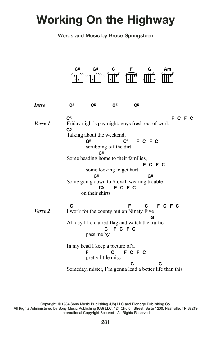 Bruce Springsteen Working On The Highway sheet music notes and chords arranged for Guitar Chords/Lyrics