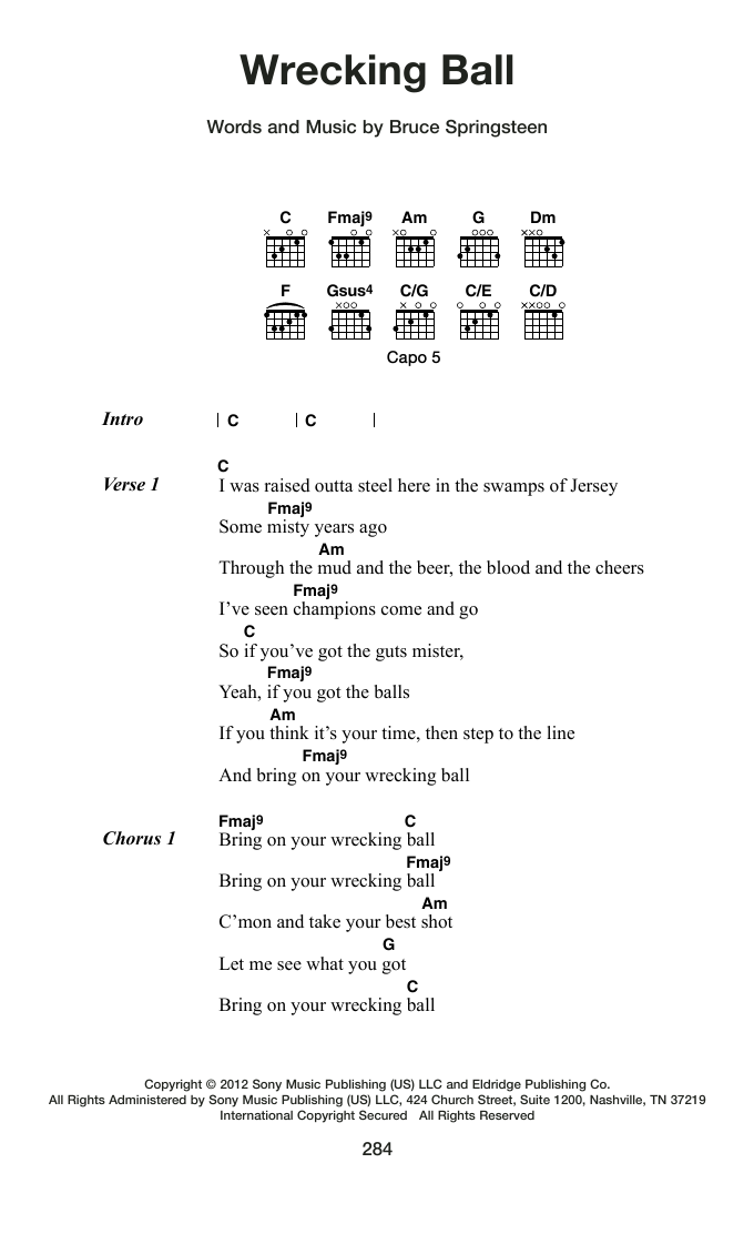 Bruce Springsteen Wrecking Ball sheet music notes and chords arranged for Guitar Chords/Lyrics