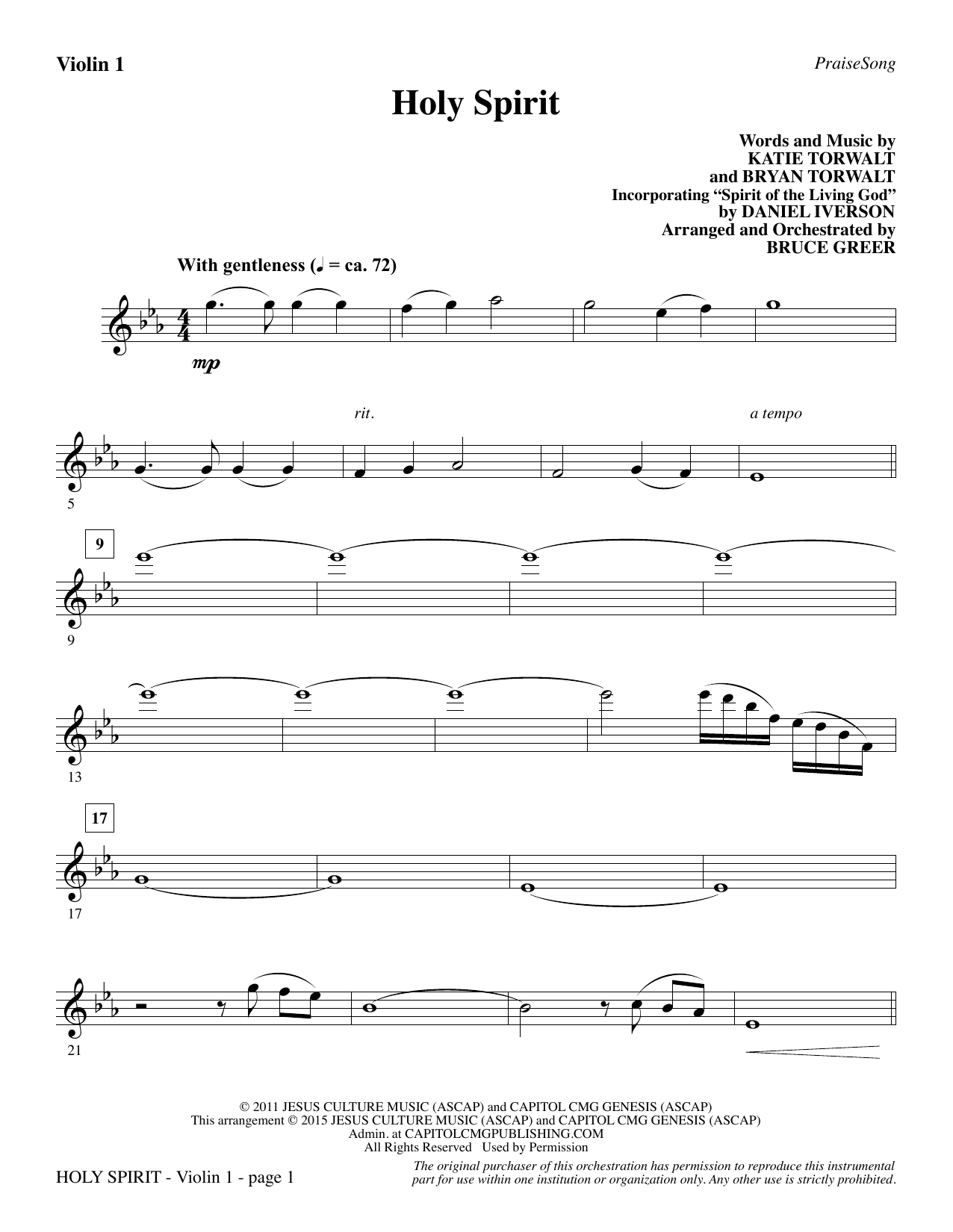Bruce Greer Holy Spirit - Violin 1 sheet music notes and chords arranged for Choir Instrumental Pak