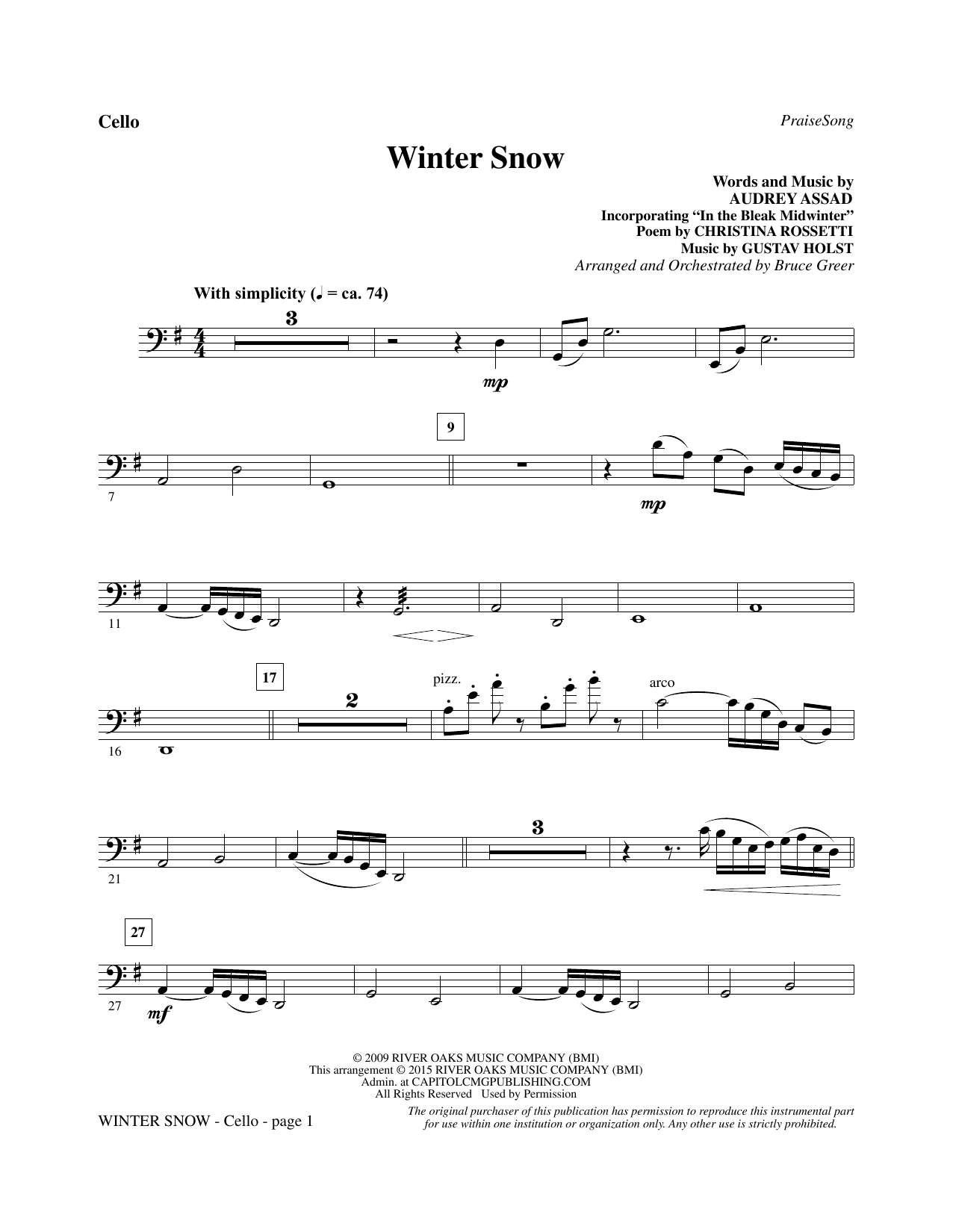 Bruce Greer Winter Snow - Cello sheet music notes and chords. Download Printable PDF.