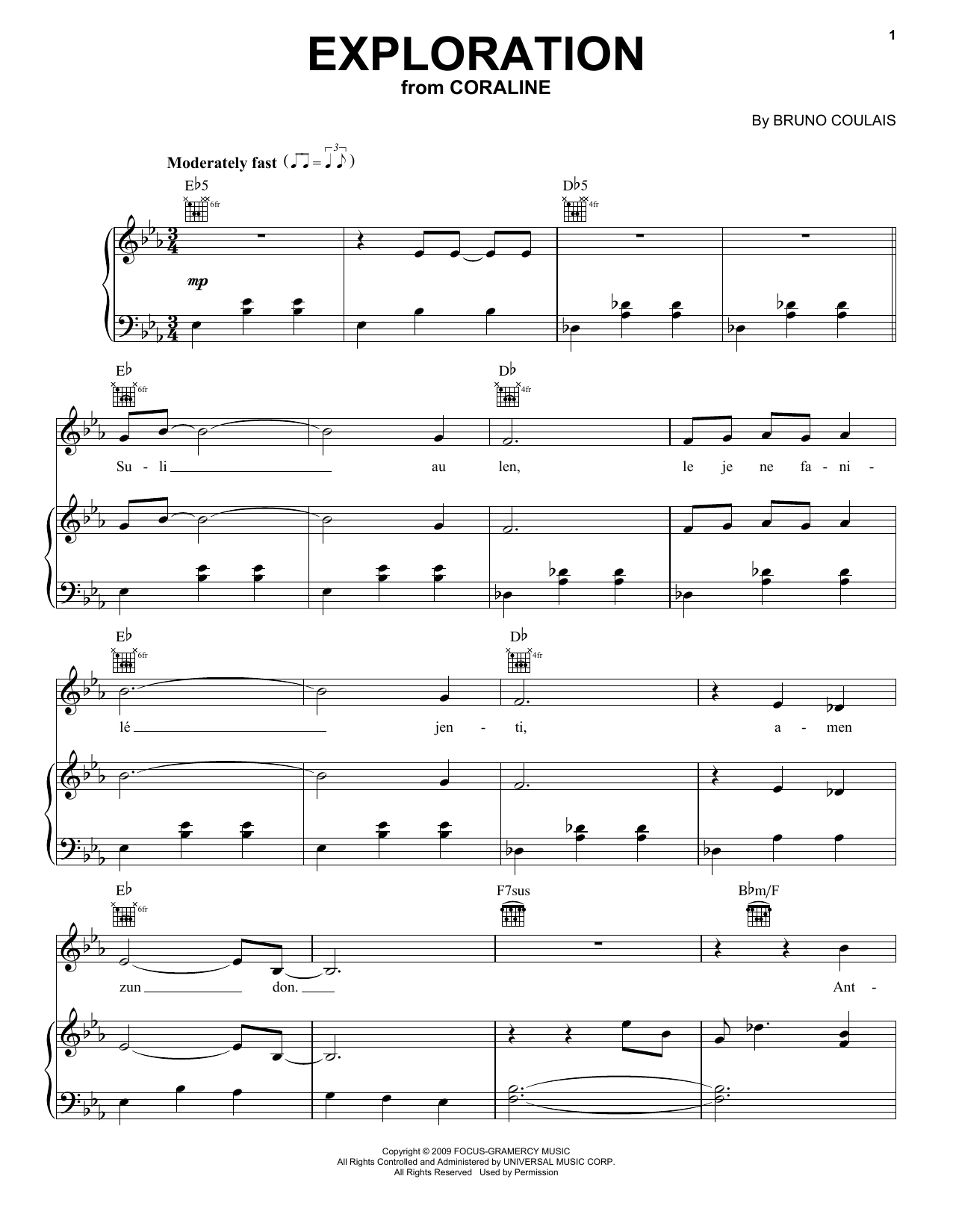 Bruno Coulais Exploration (from Coraline) sheet music notes and chords arranged for Piano, Vocal & Guitar Chords (Right-Hand Melody)