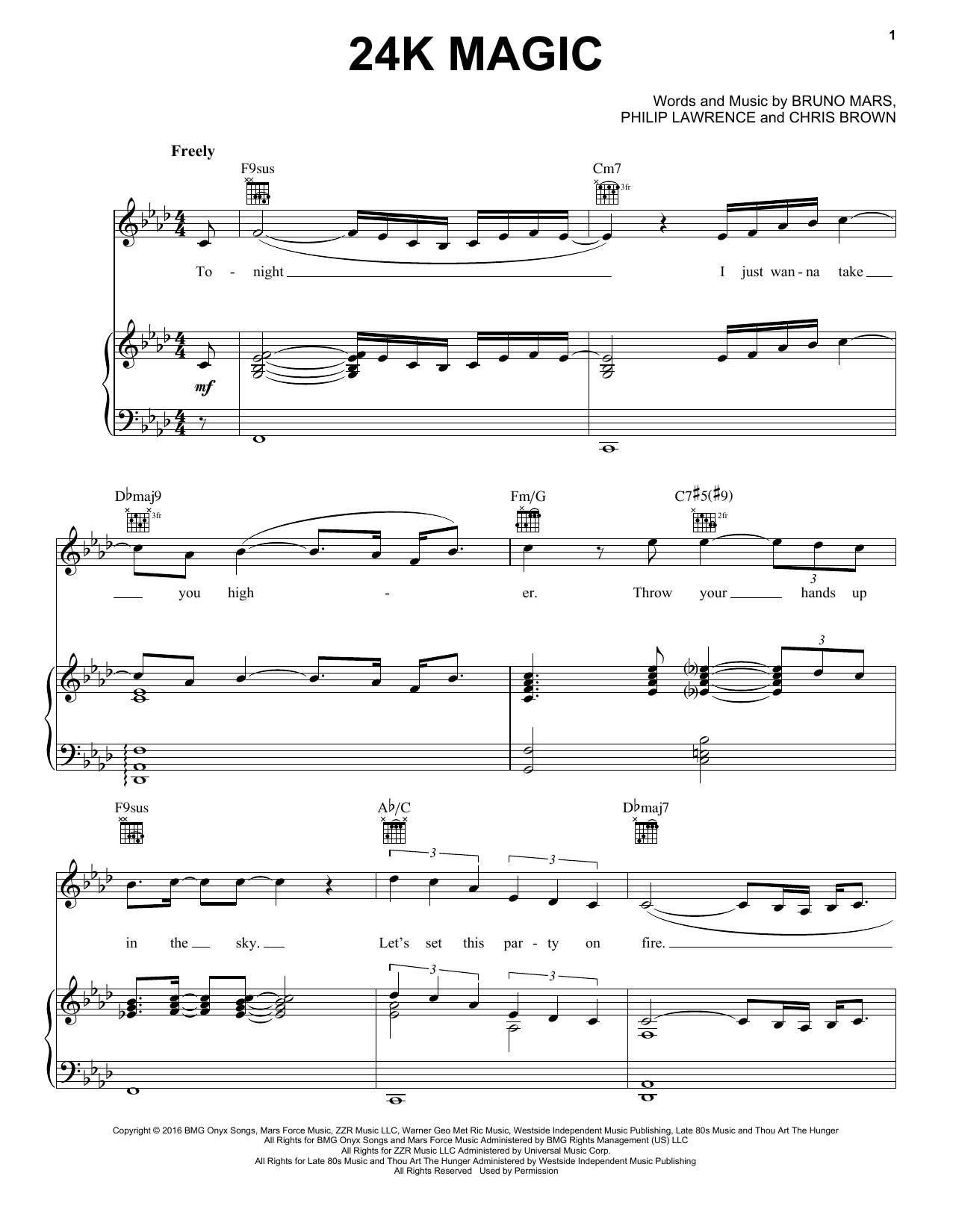 Bruno Mars 24K Magic sheet music notes and chords arranged for Big Note Piano