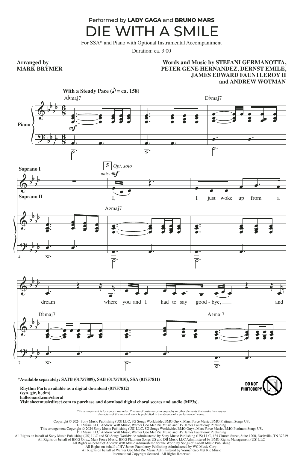 Bruno Mars & Lady Gaga Die With A Smile (arr. Mark Brymer) sheet music notes and chords arranged for SATB Choir