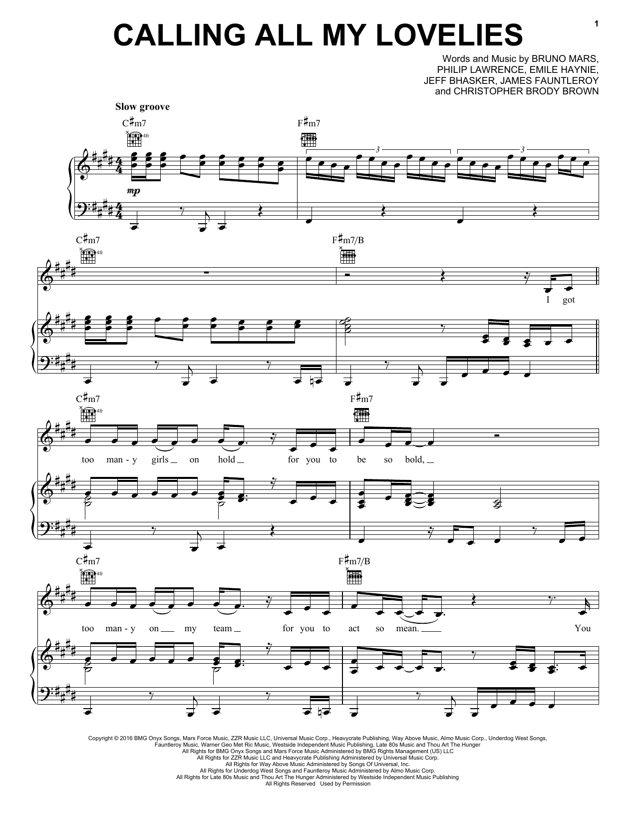 Bruno Mars Calling All My Lovelies sheet music notes and chords arranged for Piano, Vocal & Guitar Chords (Right-Hand Melody)