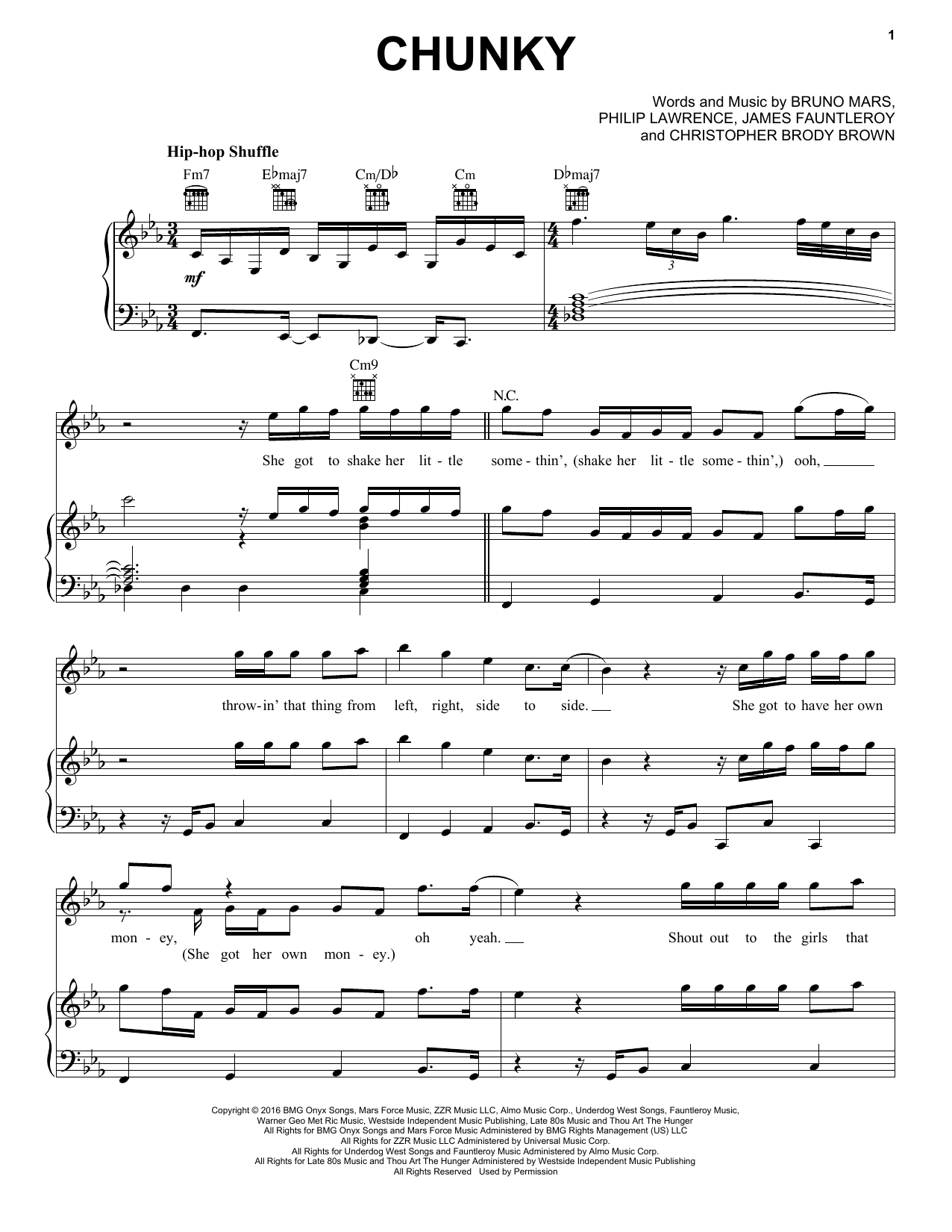 Bruno Mars Chunky sheet music notes and chords arranged for Piano, Vocal & Guitar Chords (Right-Hand Melody)