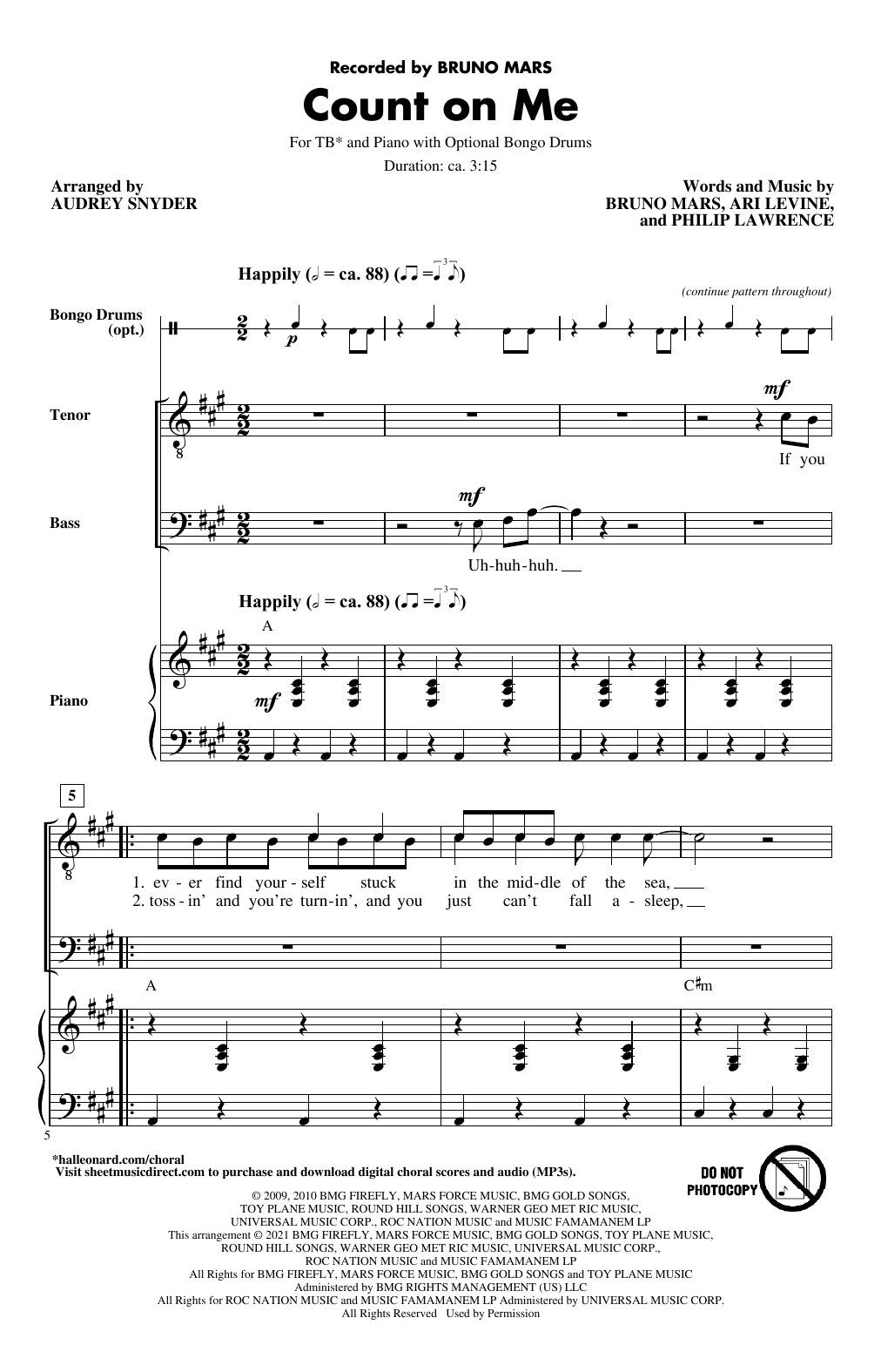 Bruno Mars Count On Me (arr. Audrey Snyder) sheet music notes and chords arranged for TB Choir