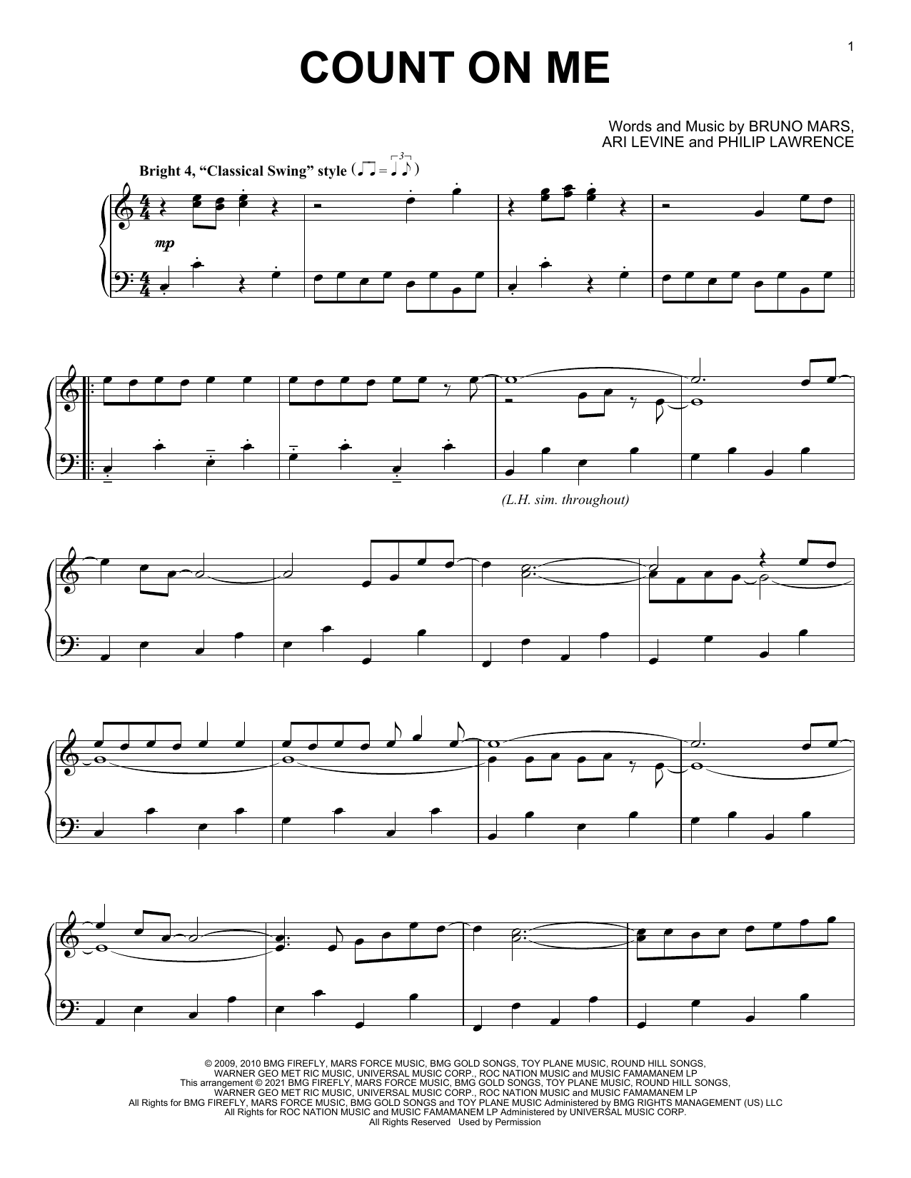 Bruno Mars Count On Me [Classical version] sheet music notes and chords arranged for Piano Solo