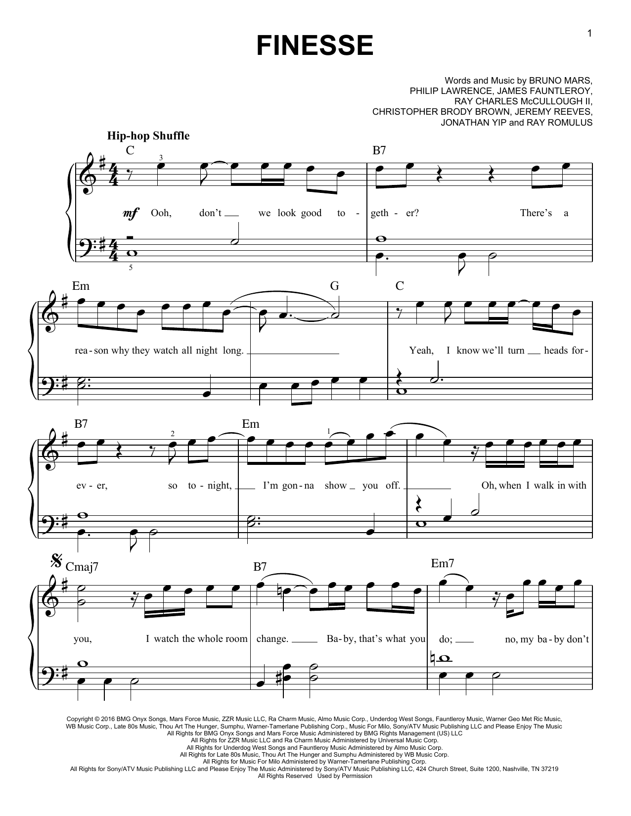Bruno Mars Finesse (feat. Cardi B) sheet music notes and chords arranged for Big Note Piano
