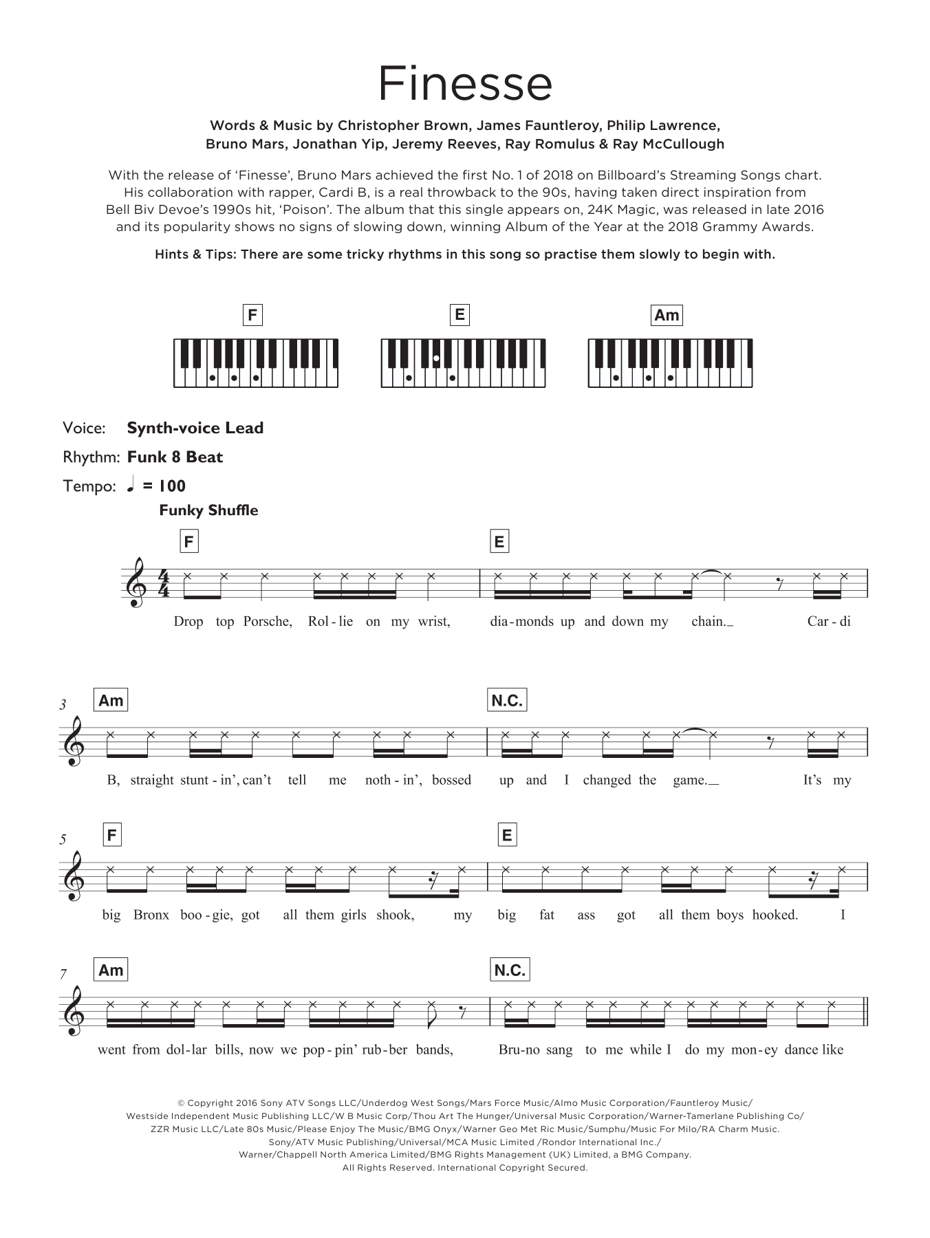 Bruno Mars Finesse (featuring Cardi B) sheet music notes and chords arranged for Beginner Piano