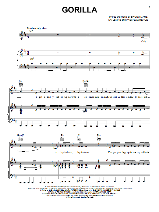 Bruno Mars Gorilla sheet music notes and chords arranged for Easy Piano